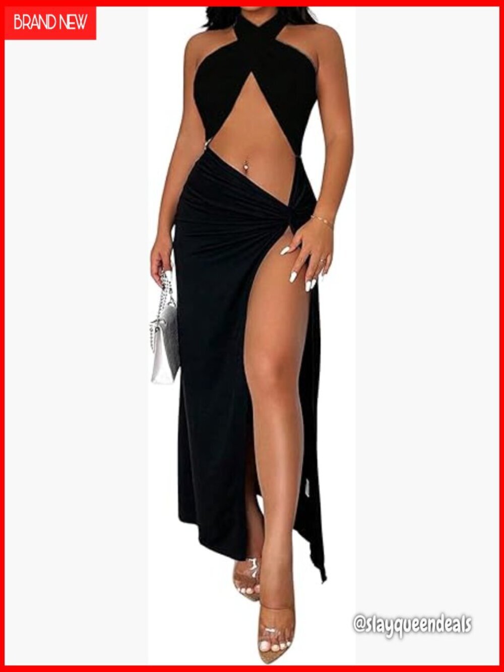 Sleeveless Halter Maxi Dress with Backless Twist Front and Thigh Split